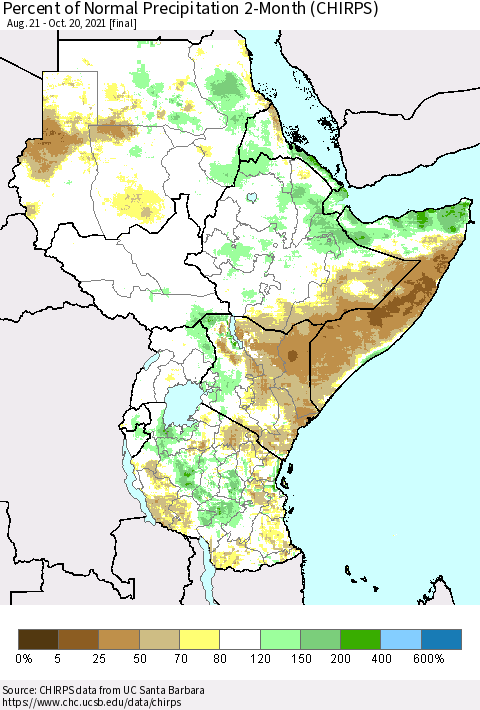 Eastern Africa Percent of Normal Precipitation 2-Month (CHIRPS) Thematic Map For 8/21/2021 - 10/20/2021