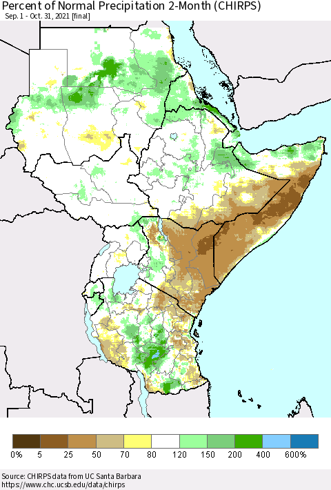 Eastern Africa Percent of Normal Precipitation 2-Month (CHIRPS) Thematic Map For 9/1/2021 - 10/31/2021