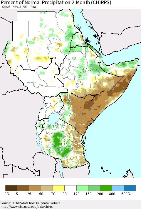 Eastern Africa Percent of Normal Precipitation 2-Month (CHIRPS) Thematic Map For 9/6/2021 - 11/5/2021