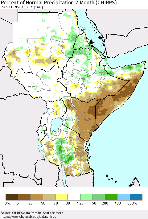 Eastern Africa Percent of Normal Precipitation 2-Month (CHIRPS) Thematic Map For 9/11/2021 - 11/10/2021