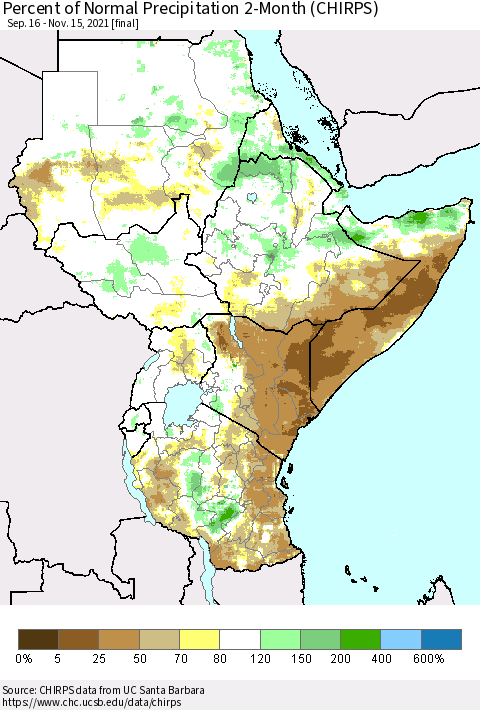 Eastern Africa Percent of Normal Precipitation 2-Month (CHIRPS) Thematic Map For 9/16/2021 - 11/15/2021