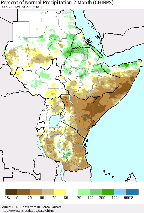 Eastern Africa Percent of Normal Precipitation 2-Month (CHIRPS) Thematic Map For 9/21/2021 - 11/20/2021