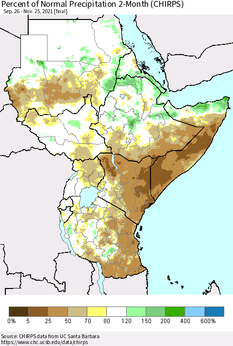 Eastern Africa Percent of Normal Precipitation 2-Month (CHIRPS) Thematic Map For 9/26/2021 - 11/25/2021