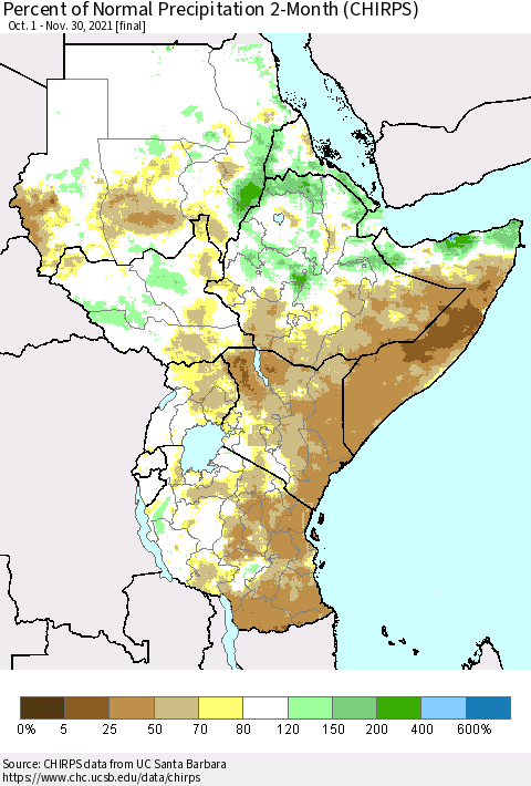 Eastern Africa Percent of Normal Precipitation 2-Month (CHIRPS) Thematic Map For 10/1/2021 - 11/30/2021