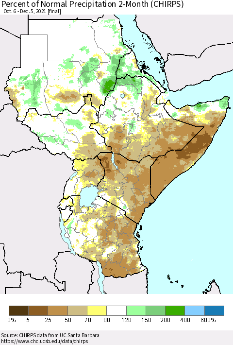 Eastern Africa Percent of Normal Precipitation 2-Month (CHIRPS) Thematic Map For 10/6/2021 - 12/5/2021