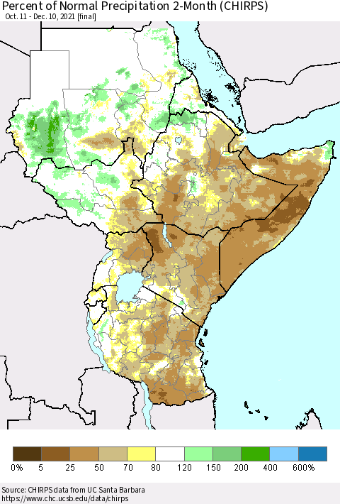 Eastern Africa Percent of Normal Precipitation 2-Month (CHIRPS) Thematic Map For 10/11/2021 - 12/10/2021