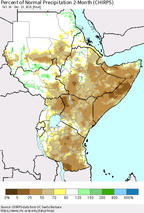 Eastern Africa Percent of Normal Precipitation 2-Month (CHIRPS) Thematic Map For 10/16/2021 - 12/15/2021