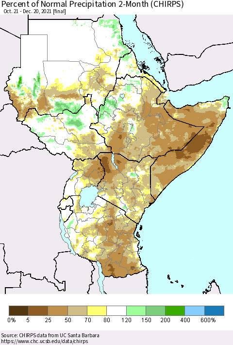 Eastern Africa Percent of Normal Precipitation 2-Month (CHIRPS) Thematic Map For 10/21/2021 - 12/20/2021