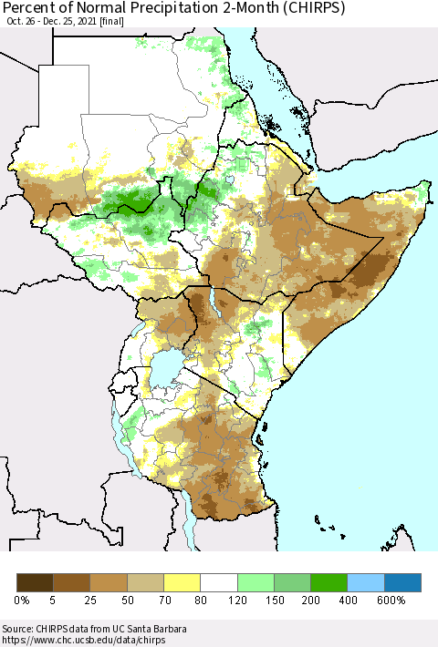 Eastern Africa Percent of Normal Precipitation 2-Month (CHIRPS) Thematic Map For 10/26/2021 - 12/25/2021