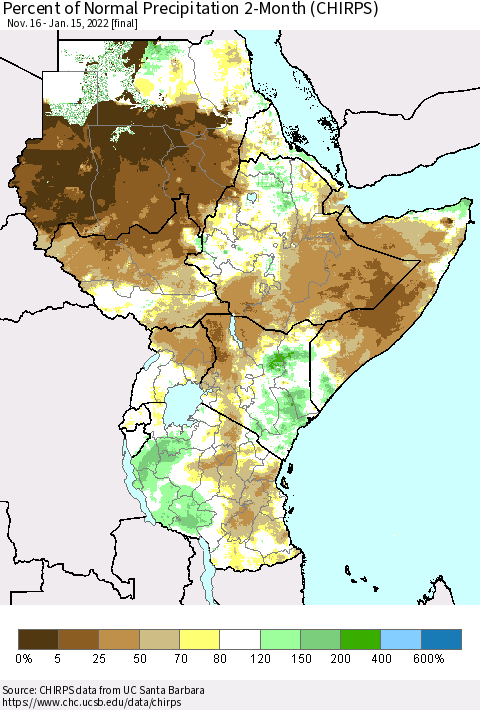 Eastern Africa Percent of Normal Precipitation 2-Month (CHIRPS) Thematic Map For 11/16/2021 - 1/15/2022