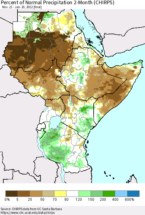 Eastern Africa Percent of Normal Precipitation 2-Month (CHIRPS) Thematic Map For 11/21/2021 - 1/20/2022