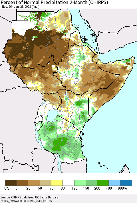 Eastern Africa Percent of Normal Precipitation 2-Month (CHIRPS) Thematic Map For 11/26/2021 - 1/25/2022
