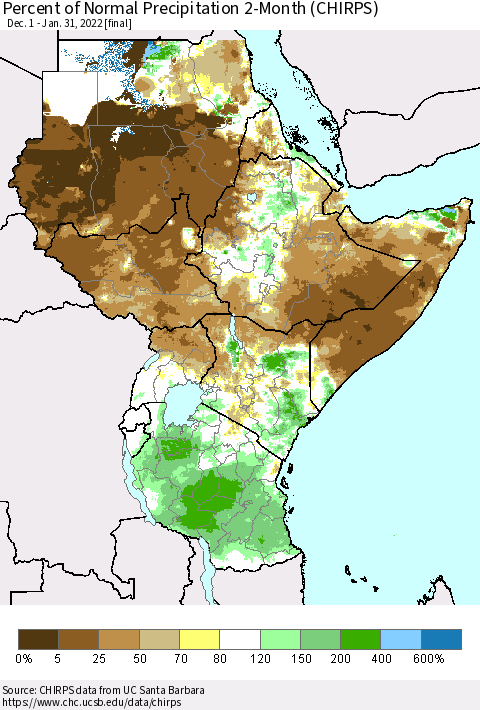 Eastern Africa Percent of Normal Precipitation 2-Month (CHIRPS) Thematic Map For 12/1/2021 - 1/31/2022