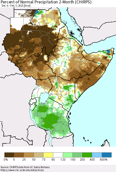 Eastern Africa Percent of Normal Precipitation 2-Month (CHIRPS) Thematic Map For 12/6/2021 - 2/5/2022