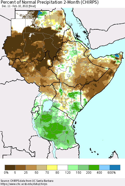 Eastern Africa Percent of Normal Precipitation 2-Month (CHIRPS) Thematic Map For 12/11/2021 - 2/10/2022