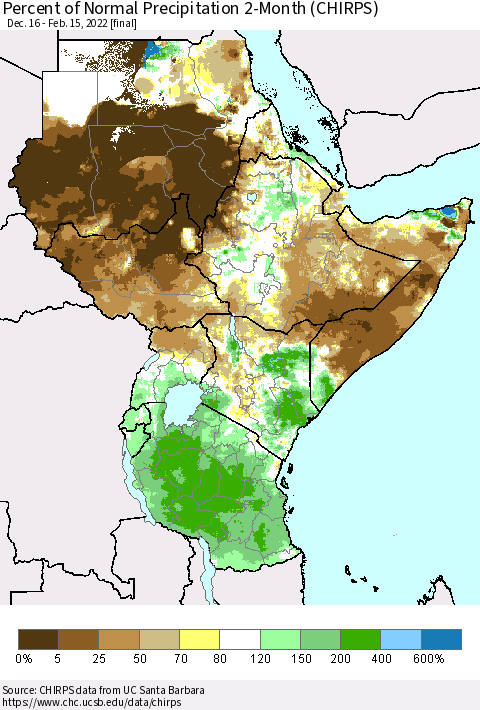 Eastern Africa Percent of Normal Precipitation 2-Month (CHIRPS) Thematic Map For 12/16/2021 - 2/15/2022