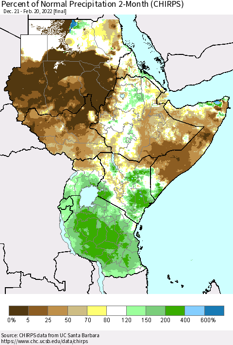 Eastern Africa Percent of Normal Precipitation 2-Month (CHIRPS) Thematic Map For 12/21/2021 - 2/20/2022