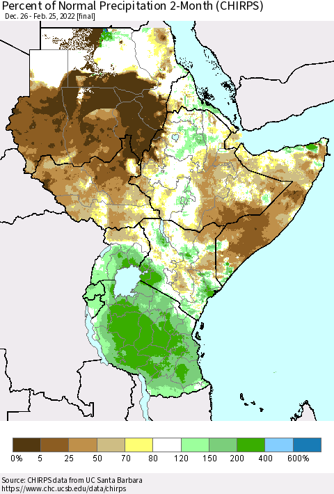 Eastern Africa Percent of Normal Precipitation 2-Month (CHIRPS) Thematic Map For 12/26/2021 - 2/25/2022