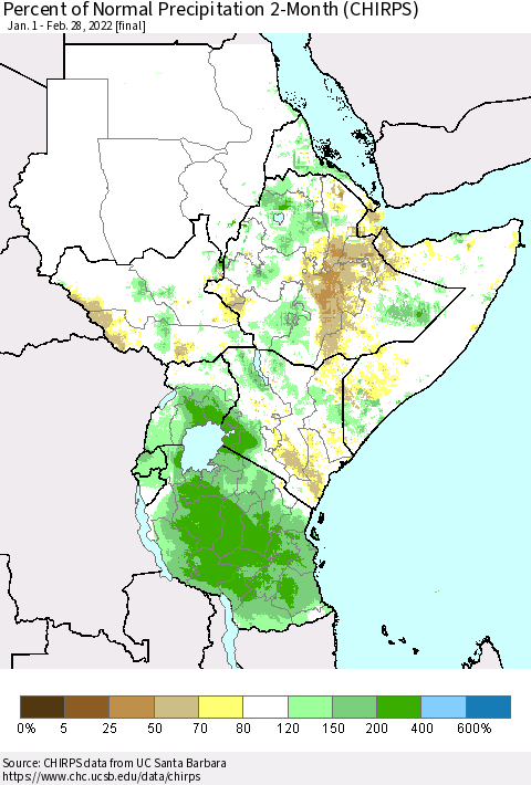 Eastern Africa Percent of Normal Precipitation 2-Month (CHIRPS) Thematic Map For 1/1/2022 - 2/28/2022