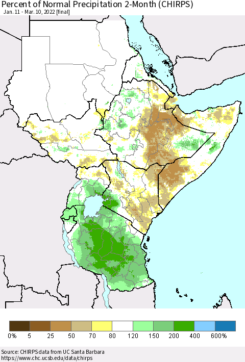 Eastern Africa Percent of Normal Precipitation 2-Month (CHIRPS) Thematic Map For 1/11/2022 - 3/10/2022