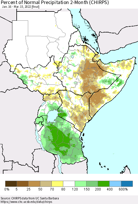 Eastern Africa Percent of Normal Precipitation 2-Month (CHIRPS) Thematic Map For 1/16/2022 - 3/15/2022