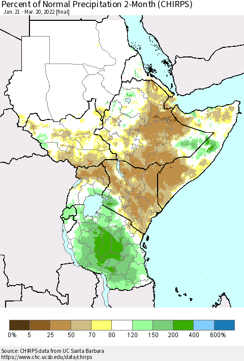 Eastern Africa Percent of Normal Precipitation 2-Month (CHIRPS) Thematic Map For 1/21/2022 - 3/20/2022