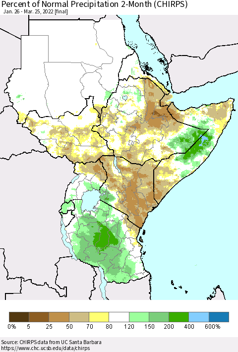 Eastern Africa Percent of Normal Precipitation 2-Month (CHIRPS) Thematic Map For 1/26/2022 - 3/25/2022