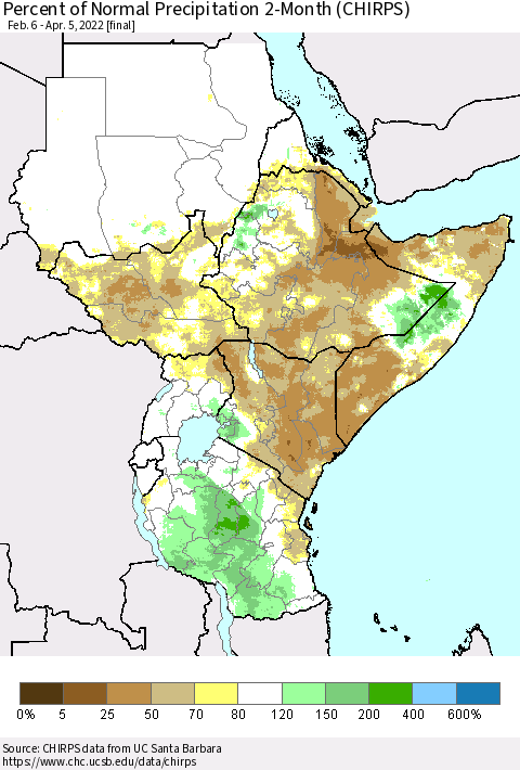 Eastern Africa Percent of Normal Precipitation 2-Month (CHIRPS) Thematic Map For 2/6/2022 - 4/5/2022