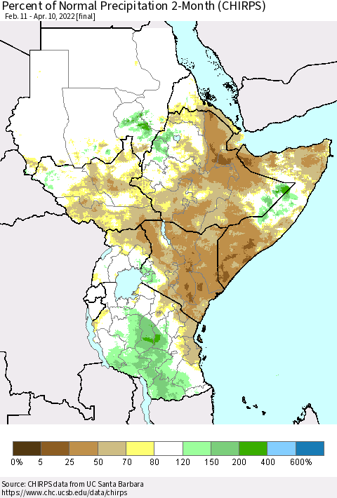Eastern Africa Percent of Normal Precipitation 2-Month (CHIRPS) Thematic Map For 2/11/2022 - 4/10/2022