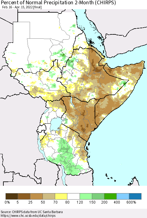 Eastern Africa Percent of Normal Precipitation 2-Month (CHIRPS) Thematic Map For 2/16/2022 - 4/15/2022
