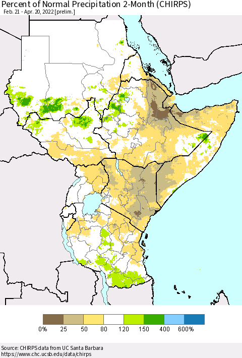 Eastern Africa Percent of Normal Precipitation 2-Month (CHIRPS) Thematic Map For 2/21/2022 - 4/20/2022
