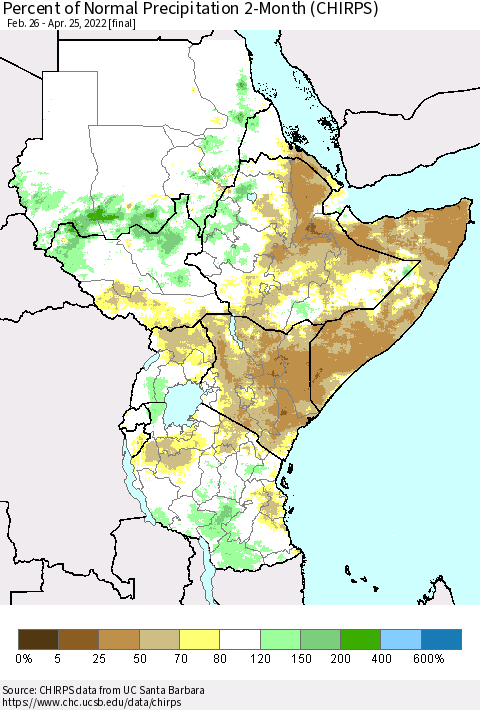 Eastern Africa Percent of Normal Precipitation 2-Month (CHIRPS) Thematic Map For 2/26/2022 - 4/25/2022