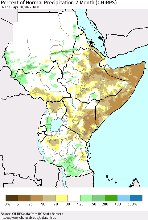 Eastern Africa Percent of Normal Precipitation 2-Month (CHIRPS) Thematic Map For 3/1/2022 - 4/30/2022