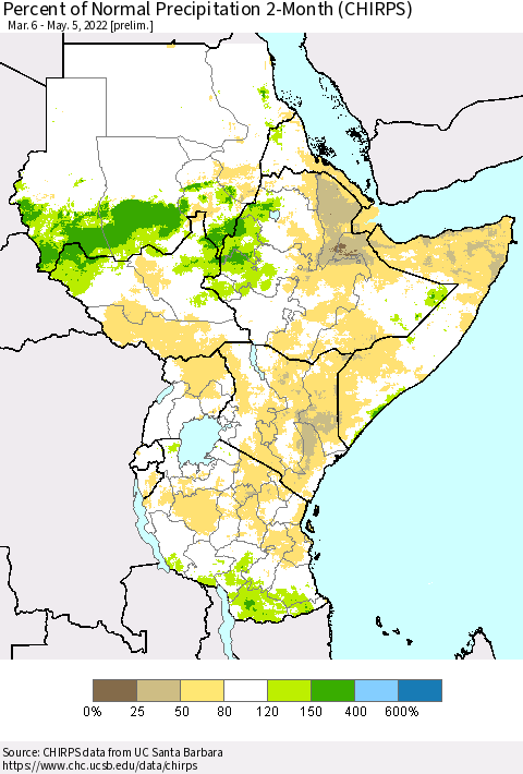 Eastern Africa Percent of Normal Precipitation 2-Month (CHIRPS) Thematic Map For 3/6/2022 - 5/5/2022