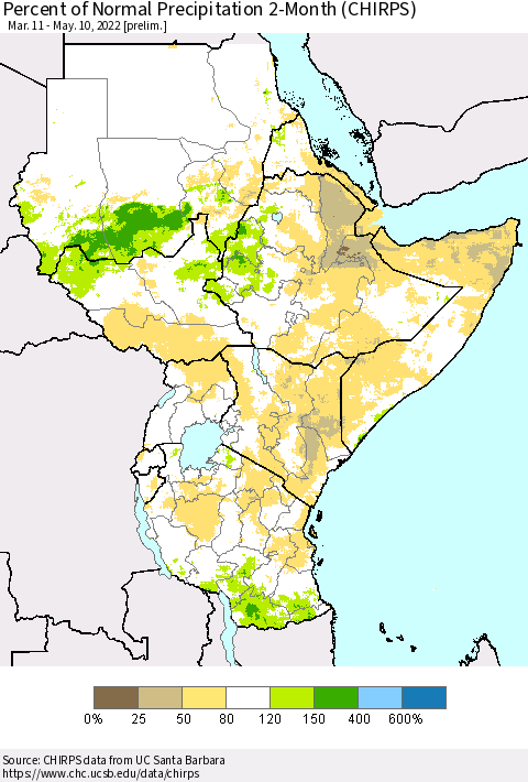 Eastern Africa Percent of Normal Precipitation 2-Month (CHIRPS) Thematic Map For 3/11/2022 - 5/10/2022