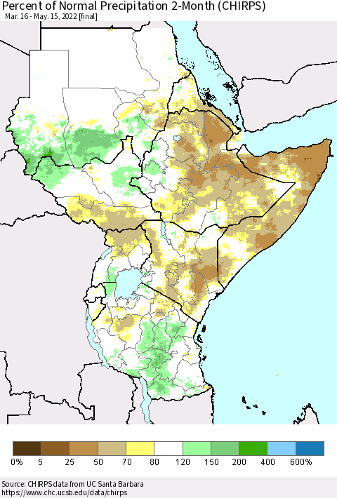 Eastern Africa Percent of Normal Precipitation 2-Month (CHIRPS) Thematic Map For 3/16/2022 - 5/15/2022