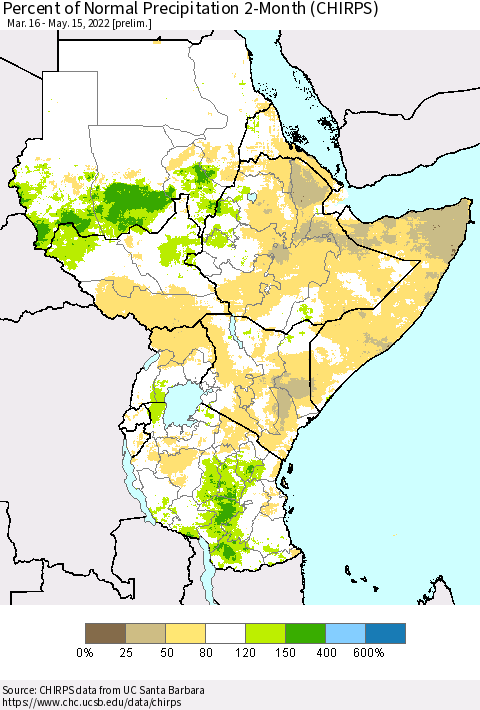Eastern Africa Percent of Normal Precipitation 2-Month (CHIRPS) Thematic Map For 3/16/2022 - 5/15/2022