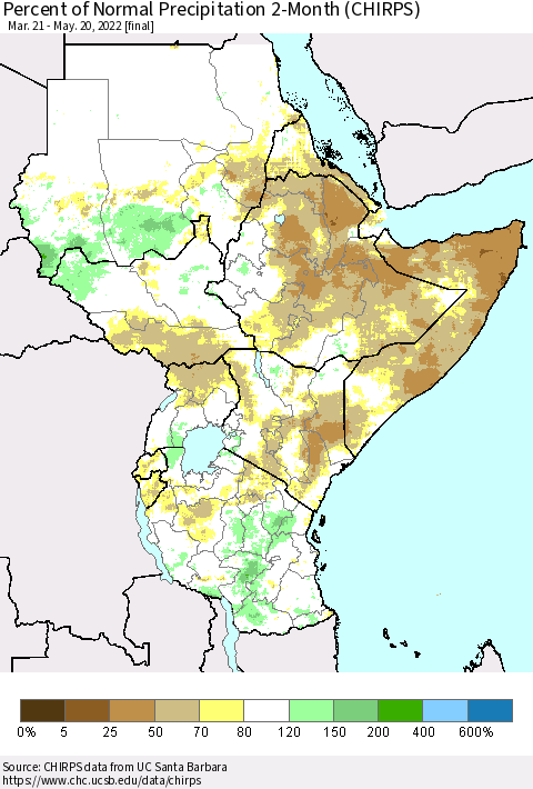 Eastern Africa Percent of Normal Precipitation 2-Month (CHIRPS) Thematic Map For 3/21/2022 - 5/20/2022