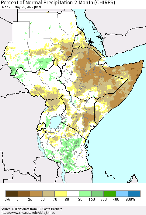 Eastern Africa Percent of Normal Precipitation 2-Month (CHIRPS) Thematic Map For 3/26/2022 - 5/25/2022