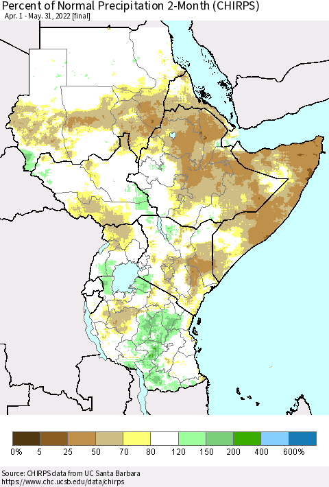 Eastern Africa Percent of Normal Precipitation 2-Month (CHIRPS) Thematic Map For 4/1/2022 - 5/31/2022