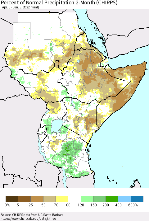 Eastern Africa Percent of Normal Precipitation 2-Month (CHIRPS) Thematic Map For 4/6/2022 - 6/5/2022