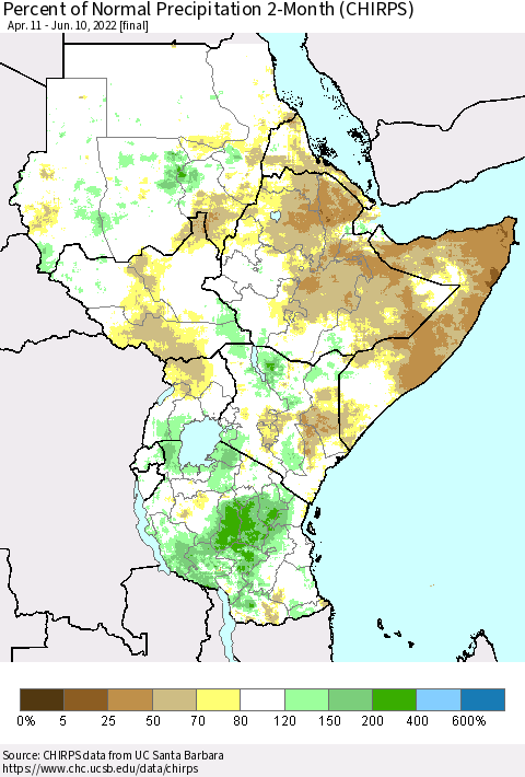 Eastern Africa Percent of Normal Precipitation 2-Month (CHIRPS) Thematic Map For 4/11/2022 - 6/10/2022