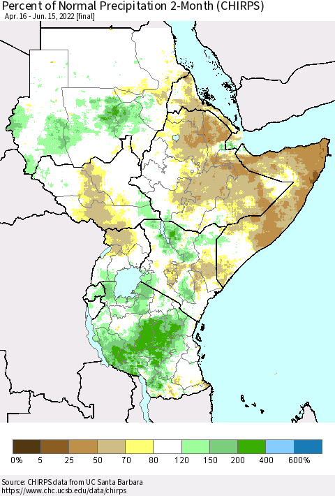 Eastern Africa Percent of Normal Precipitation 2-Month (CHIRPS) Thematic Map For 4/16/2022 - 6/15/2022