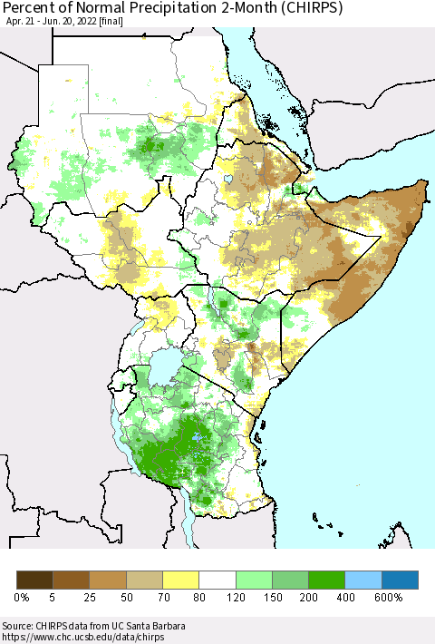 Eastern Africa Percent of Normal Precipitation 2-Month (CHIRPS) Thematic Map For 4/21/2022 - 6/20/2022