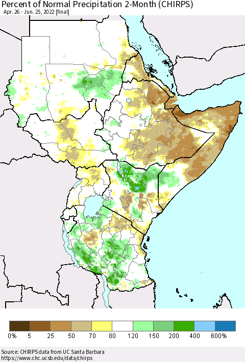 Eastern Africa Percent of Normal Precipitation 2-Month (CHIRPS) Thematic Map For 4/26/2022 - 6/25/2022