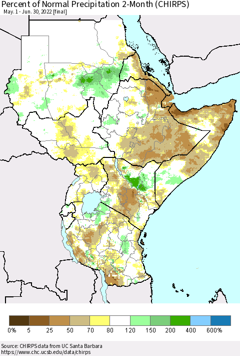 Eastern Africa Percent of Normal Precipitation 2-Month (CHIRPS) Thematic Map For 5/1/2022 - 6/30/2022