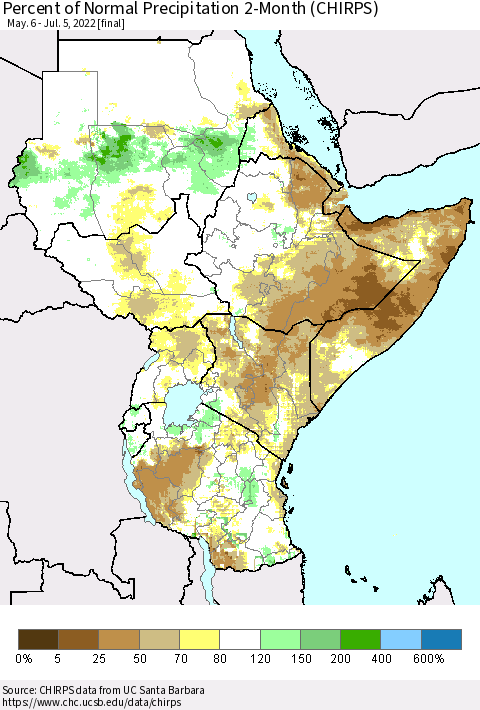 Eastern Africa Percent of Normal Precipitation 2-Month (CHIRPS) Thematic Map For 5/6/2022 - 7/5/2022