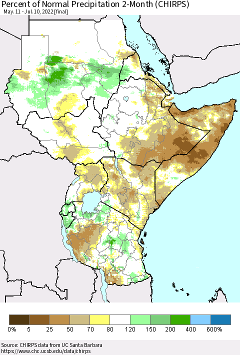 Eastern Africa Percent of Normal Precipitation 2-Month (CHIRPS) Thematic Map For 5/11/2022 - 7/10/2022