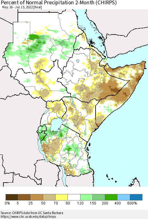 Eastern Africa Percent of Normal Precipitation 2-Month (CHIRPS) Thematic Map For 5/16/2022 - 7/15/2022