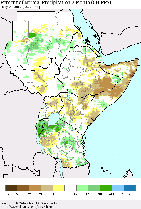 Eastern Africa Percent of Normal Precipitation 2-Month (CHIRPS) Thematic Map For 5/21/2022 - 7/20/2022